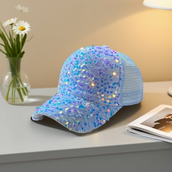 Uuiauoio Sparkle Sequin Baseball Cap with Adjustable Mesh Back, Glitter Peaked Sun Hat for Women Fashion Outdoor Travel Party Events, Ponytail Friendly Breathable Daily Wear Cap with Bling Design
