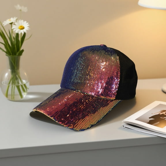 Uuiauoio Sparkle Sequin Baseball Cap with Adjustable Mesh Back, Glitter Peaked Sun Hat for Women Fashion Outdoor Travel Party Events, Ponytail Friendly Breathable Daily Wear Cap with Bling Design