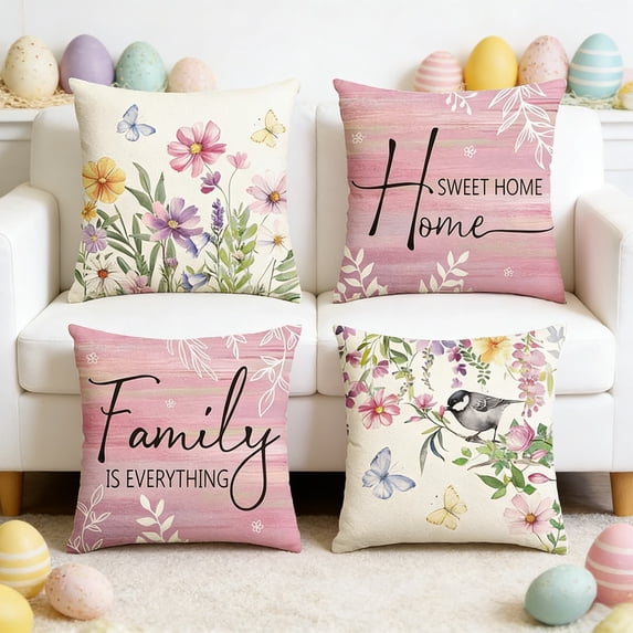 Spring Watercolor Floral Throw Pillow Covers 18 x 18 Inch Flowers Wreath Summer Farmhouse Decorative Pillow Cases for Couch Sofa Bed Home Garden Patio Decor Set of 4