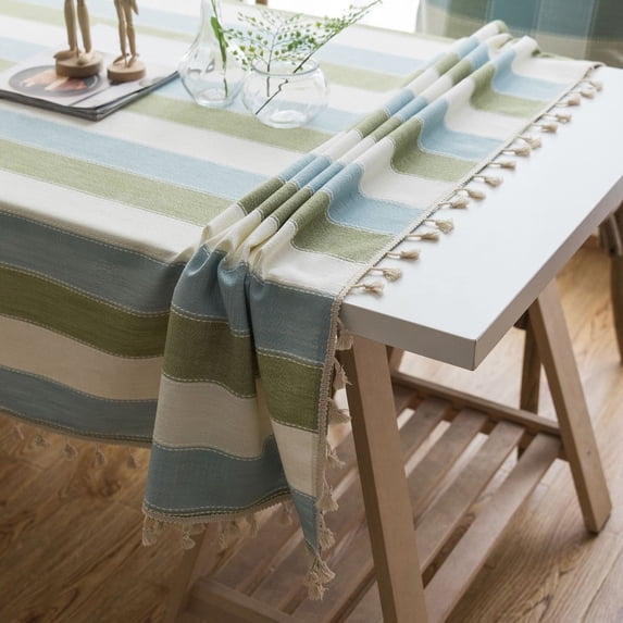 Stripe Tassel Table Cloth Cotton Linen Stain Resistant/Dust-Proof Tablecloth Cover for Kitchen Dinning Tabletop Decoration (23.62x23.62 Inch)