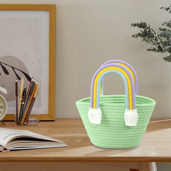 Uuiauoio Woven Basket with Rainbow Handle Portable Storage Basket Handbag with Tassel for Nursery Room Toys Books Organization
