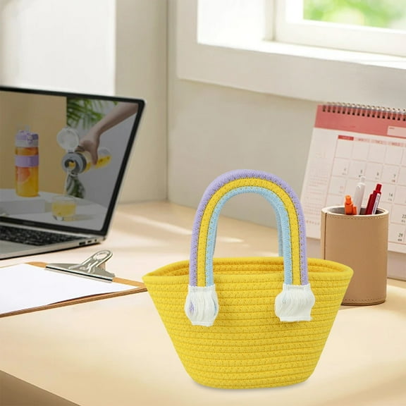Uuiauoio Woven Basket with Rainbow Handle Portable Storage Basket Handbag with Tassel for Nursery Room Toys Books Organization