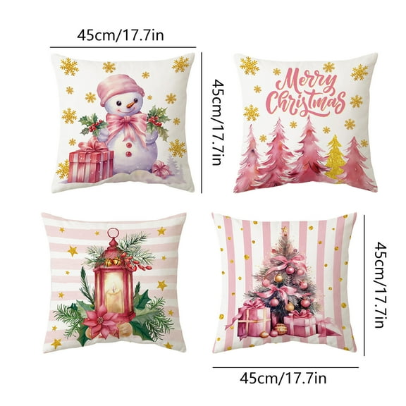 Uuowzo 4PCS Christmas Decorations Pillow Covers 18x18 Set of 4 Pinks Santa Snowman Merry Christmas Tree Winter Pillows Decorative Throw Cushion Case for Sofa Couch Decorative Holiday Pillows Cover