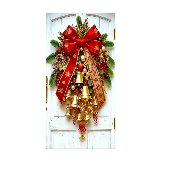 Uuowzo 70.86x35.43in Christmas Door Garland With Bow Tie Bells Pinecone Branches Door Wreath Party Decoration Door Hanging Door Cover Decoration Outdoor Christmas Decorations, Multicolor