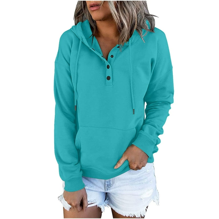 Uuszgmr Autumn Winter Hoodie For Women Pocket Casual Neck Long Sweatshirts Sleeve Hoodies Hooded Drawstring Button Pullover For Ladies V Down Ladies