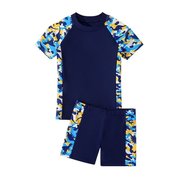 ZHUASHUM Boys Swimming Trunks Solid Color Round Neck New Breathable Short Sleeved Shorts Two Piece Set Yellow,Size:9-11 Years
