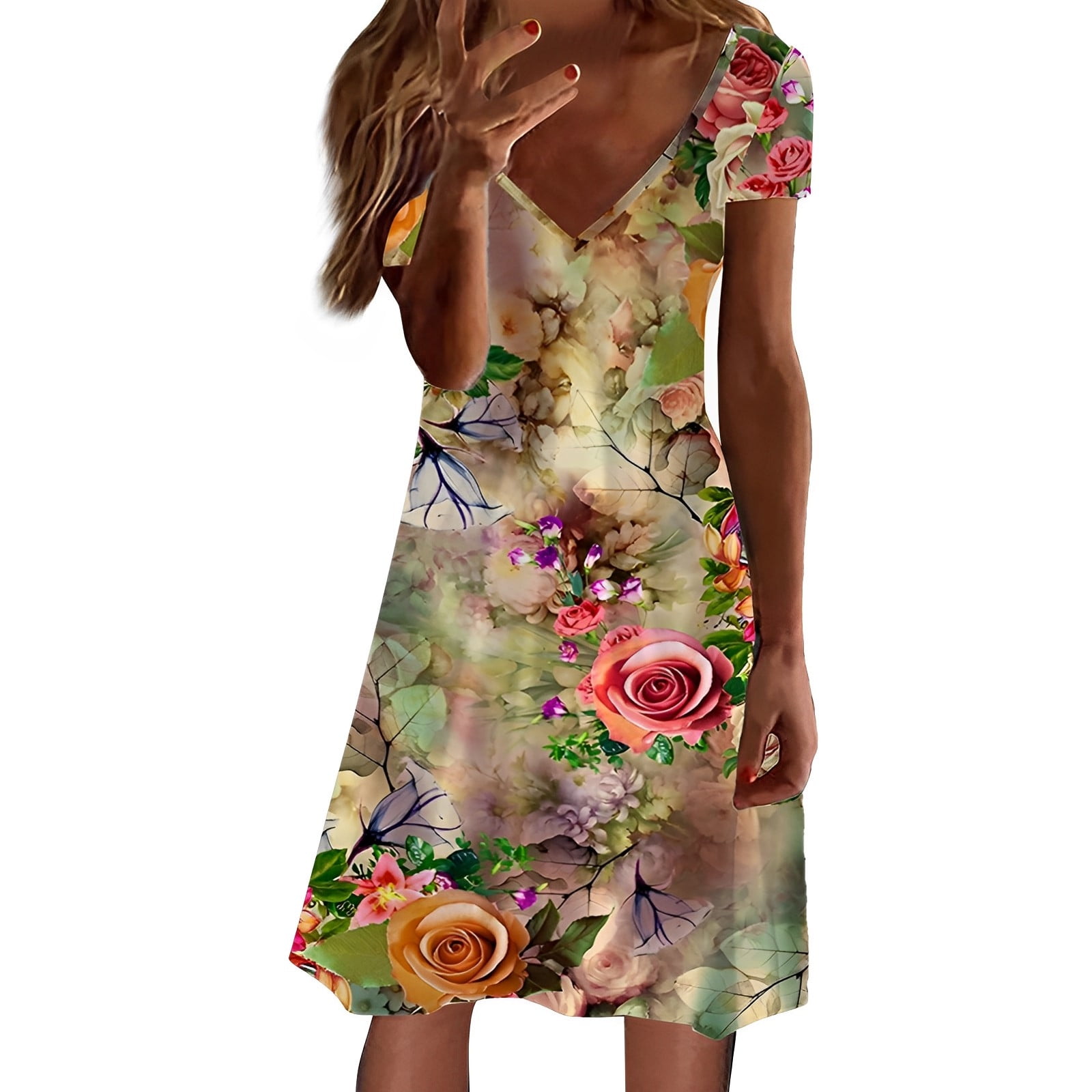 Uuszgmr Casual Dress For Womens Ladies New Flower Fruit Print V Neck ...