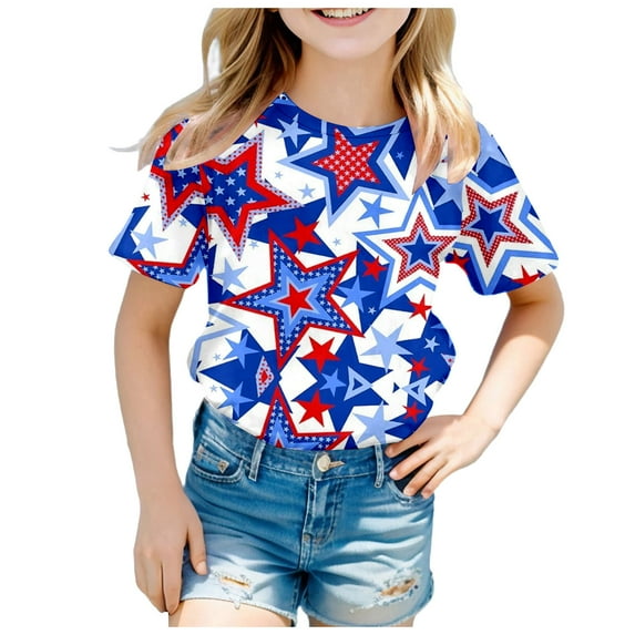 Uuszgmr Clothes For Boys Girls 4Th Of July Short Sleeve Short Sleeve Round Neck Child Tops Independence Day Prints T Shirt 10-11 Years Light Blue