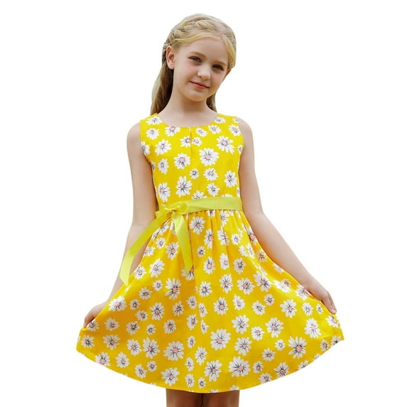Uuszgmr Cute Dress For Girls Toddler Solid Color Floral Bohemian Flowers Bowknot Sleeveless Beach Straps Dress Princess Clothes Yellow,Size:3-4 Years