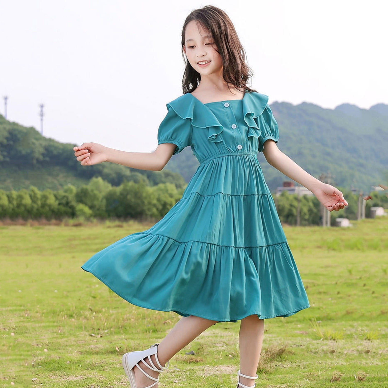 Uuszgmr Cute Girl Dress Toddler Spring And Summer Round Neck Short Sleeves  Casual Soild Color Maxi Sundress Dress Blue,Size:11-12 Years - Walmart.com