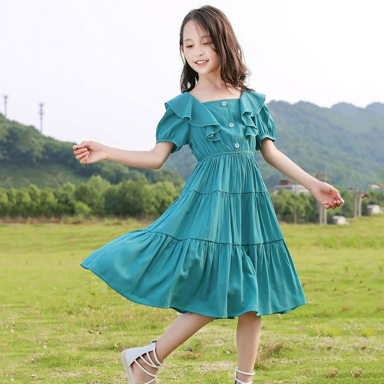 Uuszgmr Cute Girl Dress Toddler Spring And Summer Round Neck Short Sleeves Casual Soild Color Maxi Sundress Dress Blue Size 11 12 Years