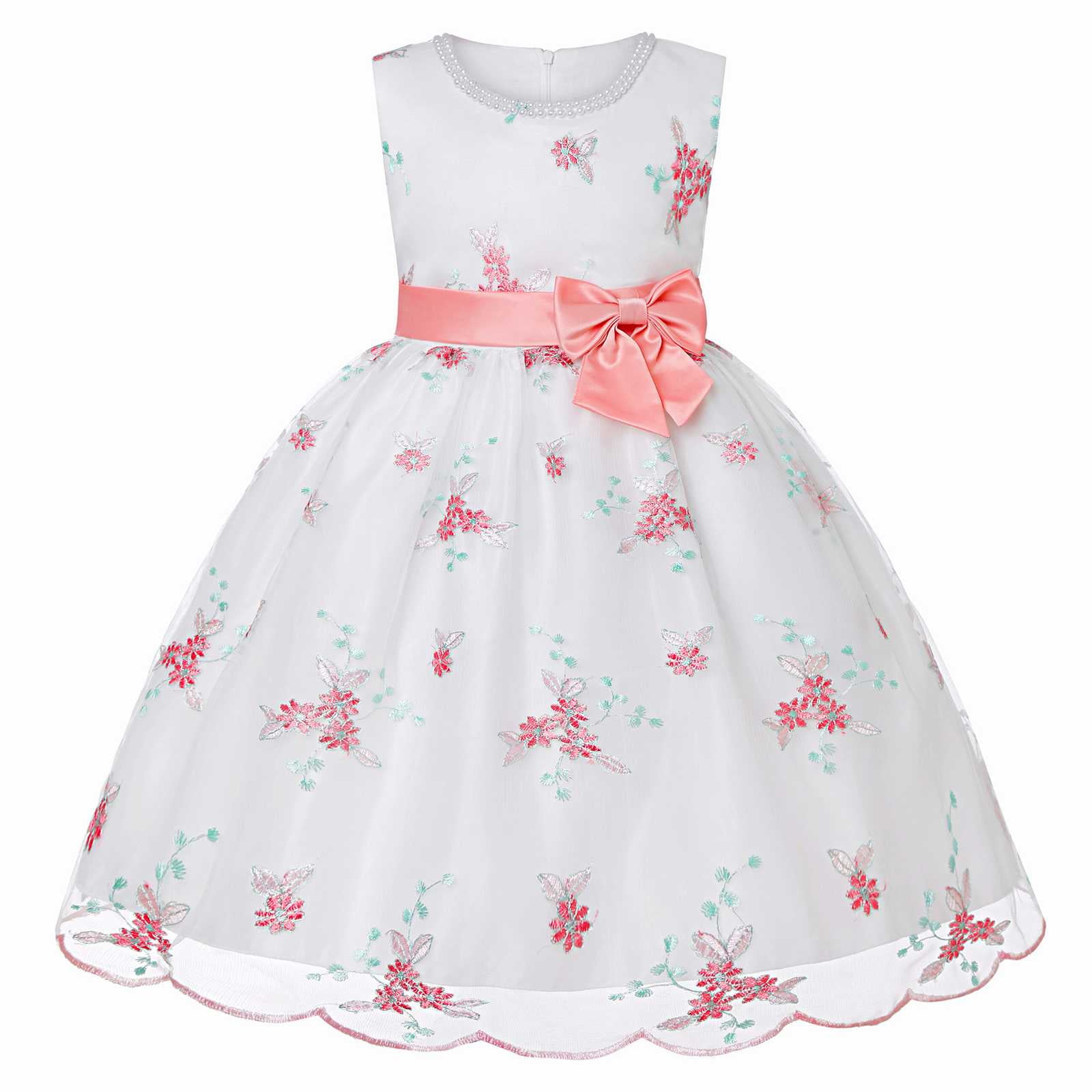 Phenas Big Girls Embroidery Flowers Dress Puff Sleeve Lace Tulle Ball Gown Princess Pageant Wedding Party Dresses