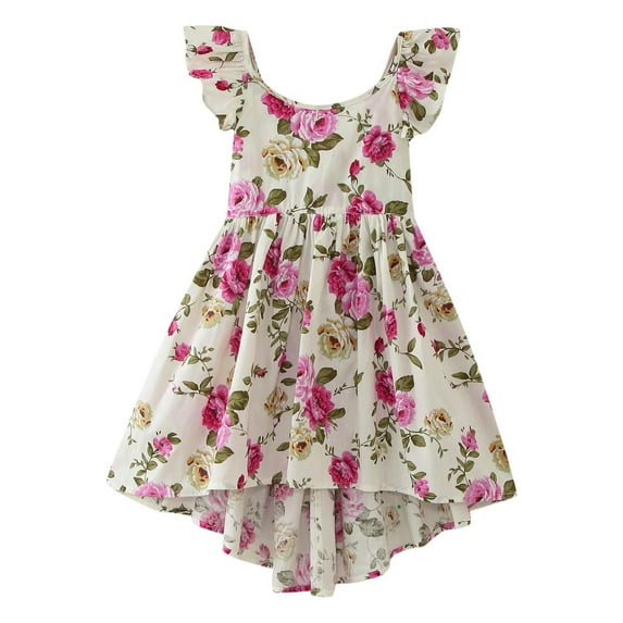 Uuszgmr Girl Dress Cute Summer Toddler Solid Color Round Neck Casual Sleeveless Flanged Strap Floral Dress Hot Pink,Size:4-5 Years