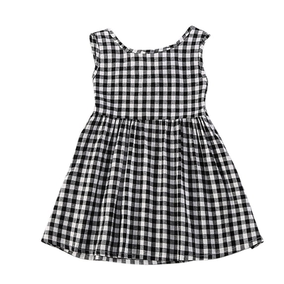 ZHUASHUM Girls Dresses Sleeveless Round Neck Summer Toddler Casual Dress Summer Cotton Bow Plaid Princess Dress Black 5-6 Years