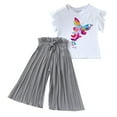 thumbnail image 1 of ZHUASHUM Girls Summer Outfits Round Neck Short Sleeve Solid Color Cartoon Print Top Wide Leg Casual Pants Daily Wear Grey 4-5 Years, 1 of 5