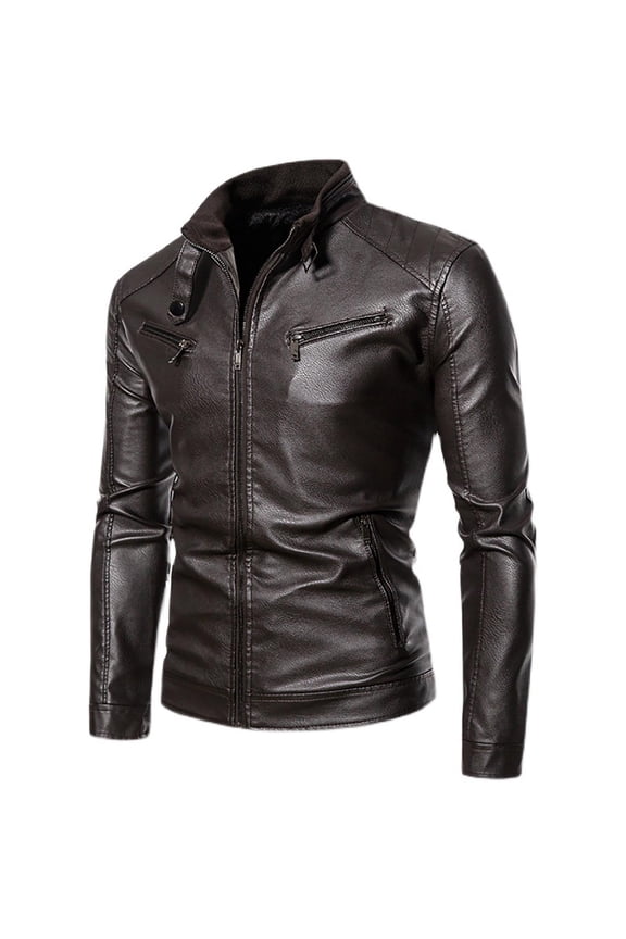 Jacket For Mens Male Stand Up Collar Leather Jacket Lightweight Leather Motorcycle Jacket