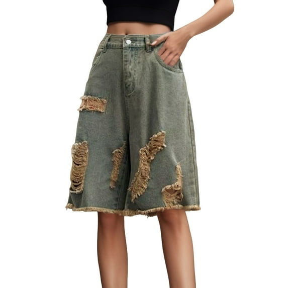 Uuszgmr Jeans For Women Ladies Knee Length Baggy Denim Shorts Distressed Ripped Straight Wide Leg Jean Shorts Alt Clothes