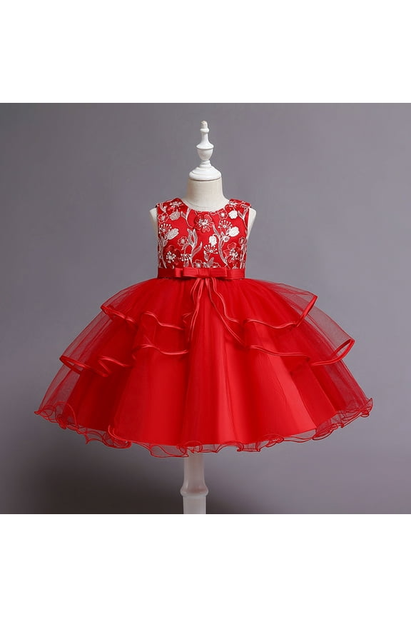 Uuszgmr Kid Dress For Girl Cute Toddler Clothes Gown Sleeveless Suspenders Solid Color Party Princess Kid Lace Sleeveless Dress Tulle Girls Dress&Skirt,Size:6-7 Years Red