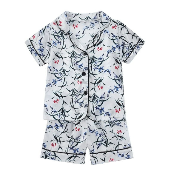 ZHUASHUM Kid Pajamas For Boys Girls Toddler Spring Summer Solid Color Cartoon Print Short Sleeve Comfortable Sleepwear Outfitses White,Size:4-5 Years