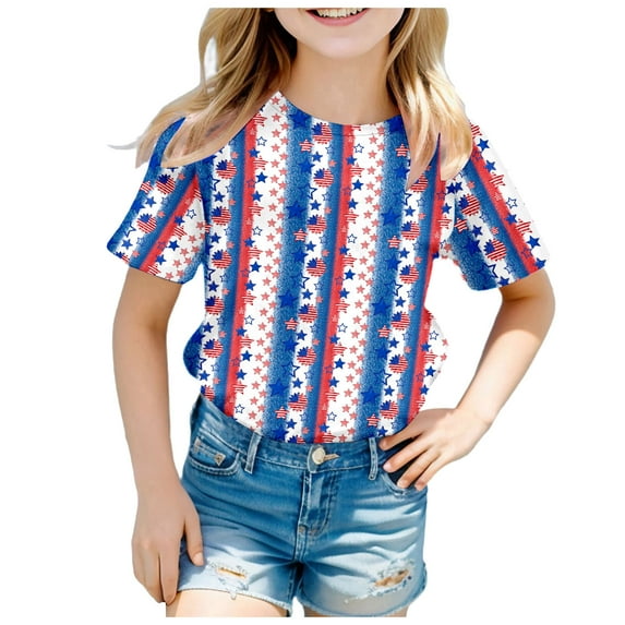Uuszgmr Kid Tops Boy Girls 4Th Of July Short Sleeve Short Sleeve Round Neck Child Tops Independence Day Prints T Shirt 10-11 Years White