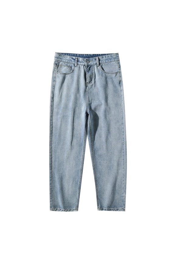 Mens Jeans Male Simple Solid Color Japanese Washed Loose Straight Trousers Jeans