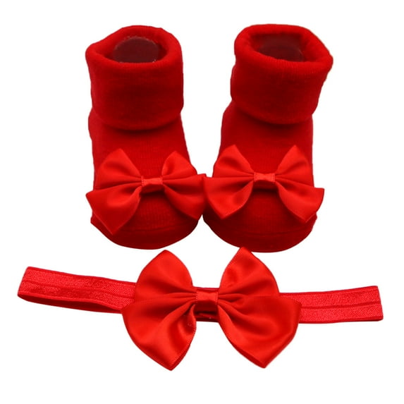 Uuszgmr Sock For Baby Boy Girls 0-6 Months Children Kids Soft Bottom Toddler Shoes Bowkot Princess Floor 1Pc + 1Pc Bow Hairband Red