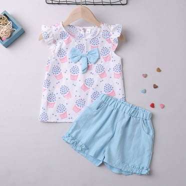 ZHUASHUM Summer Outfits For Girls 1-2 Years Toddler Spring Summer Print Cotton Sleeveless Tops Shorts Outfits Clothes Blue