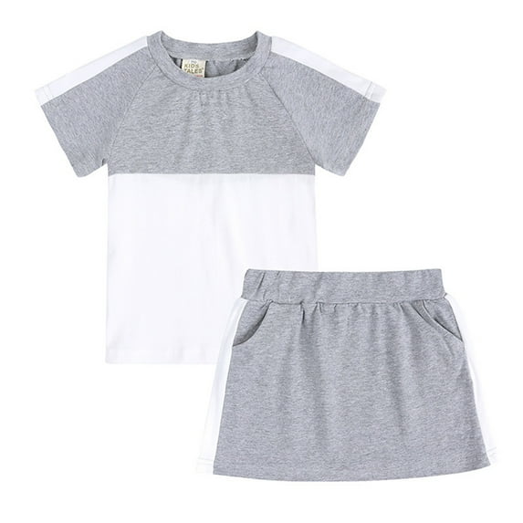 Uuszgmr Summer Outfits For Girls 2024 New Color Collision Short-Sleeved Lapel T-Shirt Sweatpants Girl Clothes Set Grey 11-12 Years