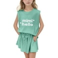 thumbnail image 1 of ZHUASHUM Summer Outfits For Girls Solid Color Sleeveless Round Neck Letter Prints Tops And Wide Leg Shorts With Pockets Cute Girl Clothes Set Green 9-10 Years, 1 of 9