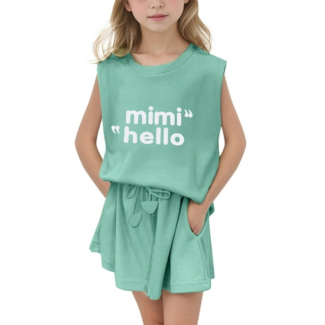 ZHUASHUM Summer Outfits For Girls Solid Color Sleeveless Round Neck Letter Prints Tops And Wide Leg Shorts With Pockets Cute Girl Clothes Set Green 9-10 Years