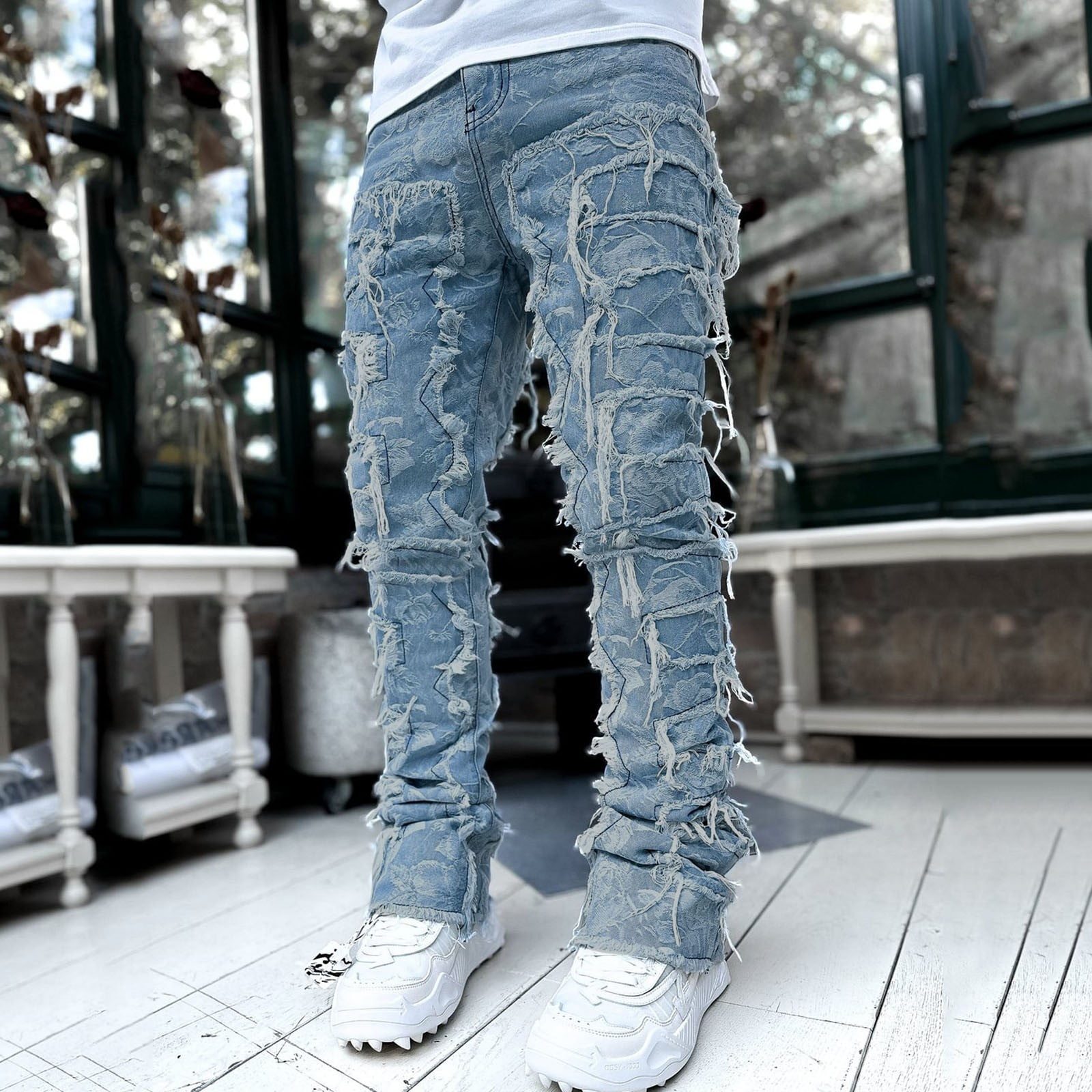 ZHUASHUM Sweatpants For Men Creative Tassels Decoration Straight Fit Jeans Casual Medium Stretch Street Style Denim Pants For All Seasons Xxl Sky Blue