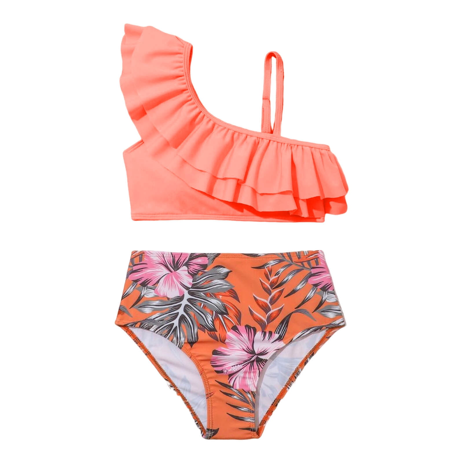 ZHUASHUM Toddler Girl 2 Piece Swimsuit Solid Color Sleeveless Sport Flower Floral Prints High Waist Bikini Set Swimwear Beach Bathing Suitorange,Size5-6 Years