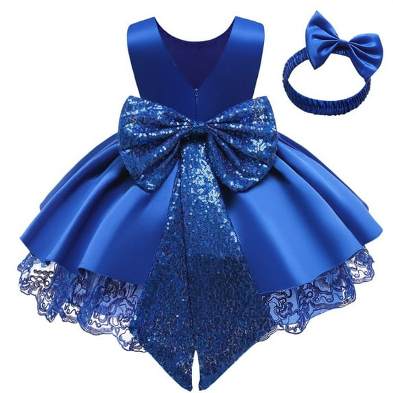 Uuszgmr Toddler Kids Baby Girls Ruffle Lace Embroidery Sequin Bowknot Princess Dresses Tutu Gown Pageant Wedding Party Dress With Headwear Blue,Size:2-3 Years