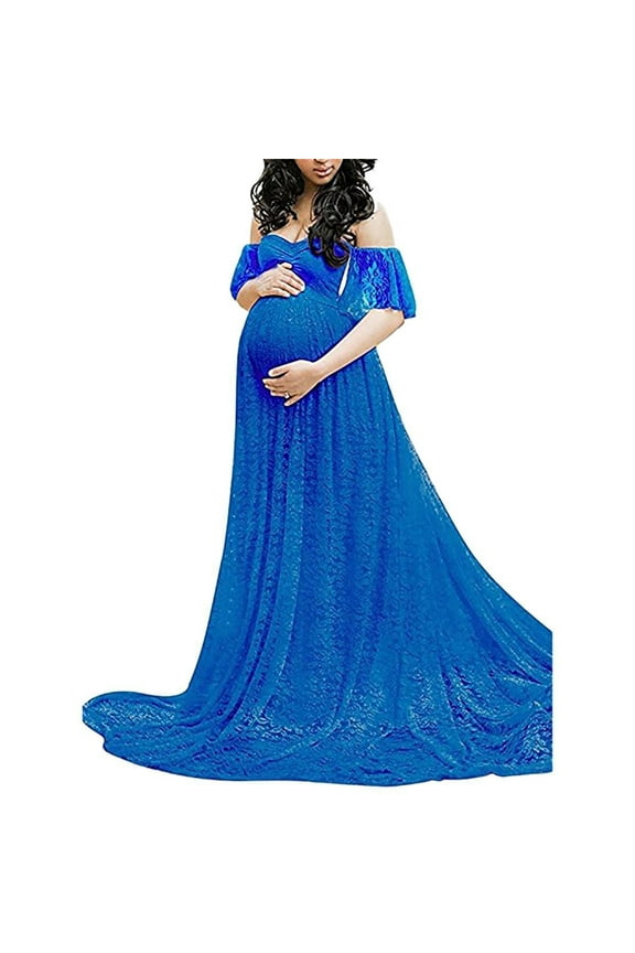 Women'S Lace Maternity Wedding Guest Dress Trailing Short Sleeved Dress Long Dress Photography Flying Sleeve Dress Blue S