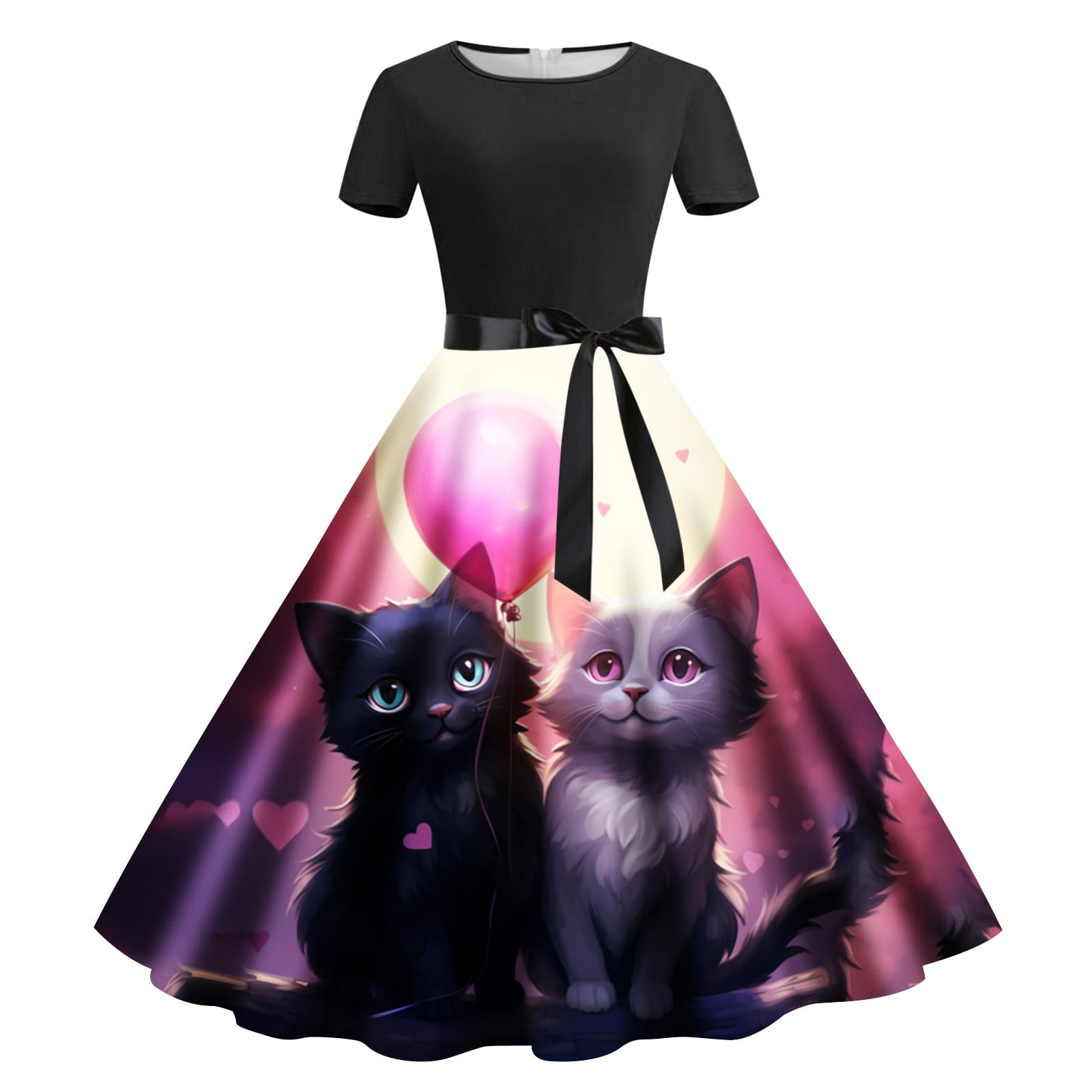 cat print christmas dress Uuszgmr Dress For Women 2024 Valentines Day Dresses Fashion Cat Print Round  Neck Short Sleeve Retro Casual Dress Purple Xxl
