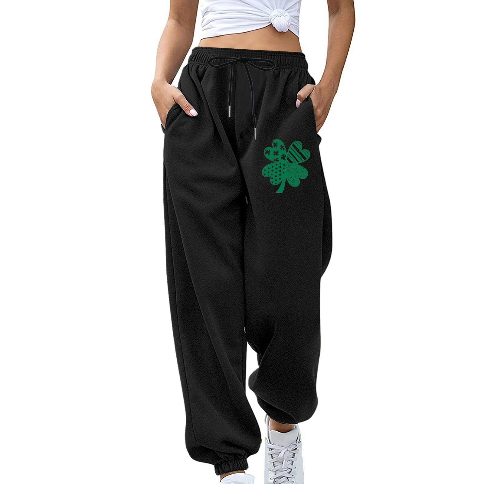 Uuszgmr Womens Sweatpants Ms. Four Leaf Print Draw String Loose Solid Color Casual High Waist Slacks Green Size S Walmart