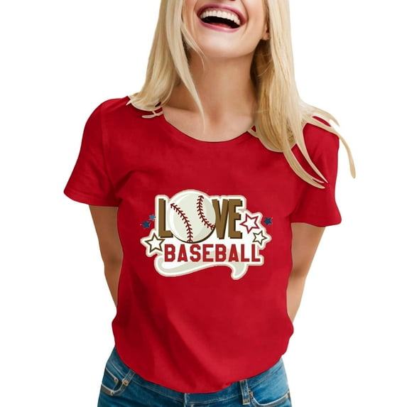 ZHUASHUM Workout Tops For Women Solid Color Fashion Sports Baseball Print Round Neck Short Sleeve Casual Top T Shirtbusiness Casual Tops Red Xl