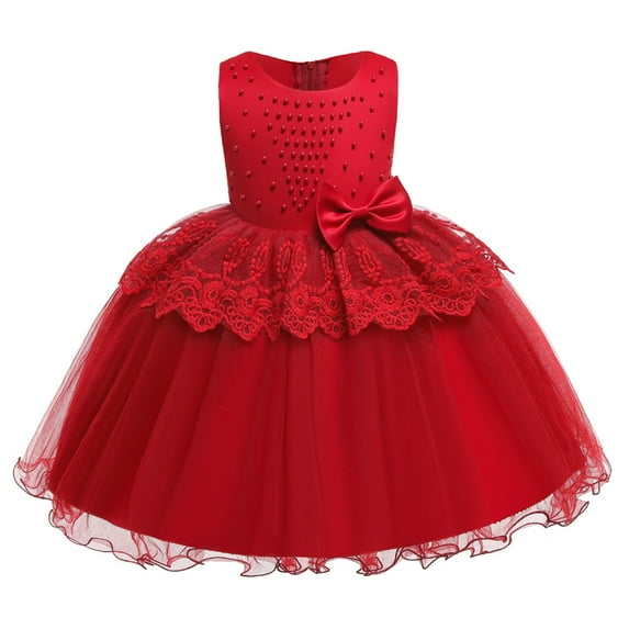 Uuszgmr flower girl dress Toddler Girls Kid Dress Ruffles Lace Dresses Baby Party Tulle Patchwork Skirt easter clothes Red,Size:7-8 Years