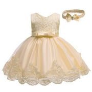 ZHUASHUM flower girl dresses for wedding Baby Girls Lace Bowknot Wedding Formal Tutu Dress+Headband Set Clothes Features easter dresses Beige,Size:6-12 Months