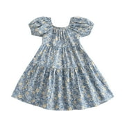 ZHUASHUM flower girl dresses for wedding Party Ruffled Casual Toddler Sleeves Clothes Floral Puff Bow Dress Baby Kids Summer Girls Girls Dresses easter clothes Dark Blue,Size:2-3 Years