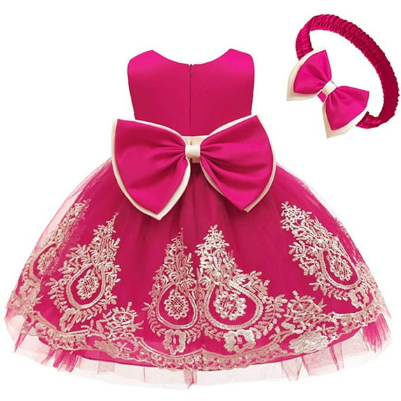 ZHUASHUM girls dresses Headwear Baby with Dress Party Dress Bowknot Lace Tutu Gown Toddler Pageant Sleeveless Skirt easter dresses Hot Pink,Size:2-3 Years