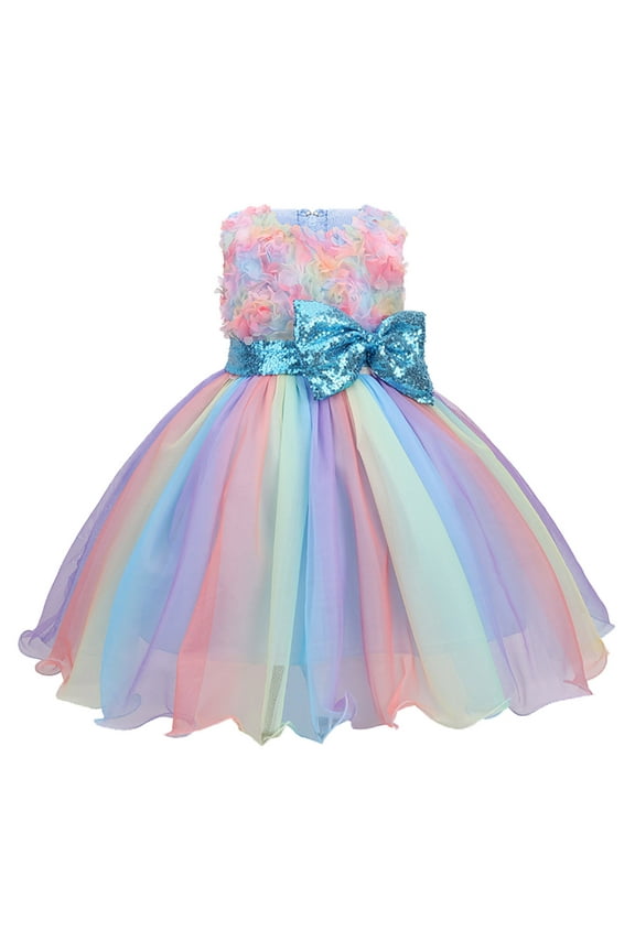 princess dress up for girls Gown Tulle Bowknot Birthday Girls Dress Wedding Paillette Party Kids Pageant Skirt easter clothes Blue,Size:4-5 Years