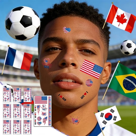 Uutvery 10 Pcs World Football Flags Temporary Tattoos, 2026 Competition Fan Party Face Stickers, Waterproof Body Art for Sports Event, 4.72x2.68 Inches