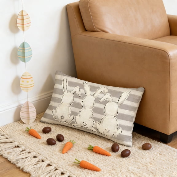 Uutvery 11.81x19.68 Inch Easter Bunny Lumbar Pillow Cover, Gray Multicolor Decorative Bunny Cushion Case, Flax Spring Holiday Sofa Bed Home Decor Gift