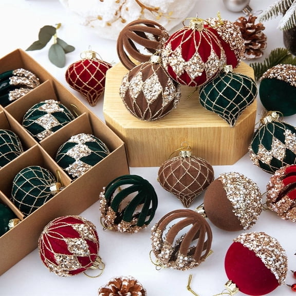 Uutvery 12Pcs Hand Painted Flocked Christmas Ball Ornaments, 2.36 Inch Plastic Hanging Decor for Xmas Tree, Party Wedding Celebration, Rhinestone Embellished Balls for Holiday