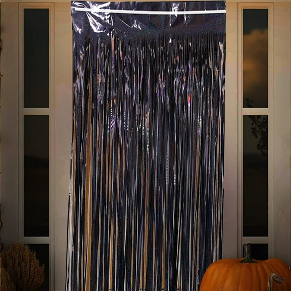 Uutvery 2 Pack Black Streamers Foil Curtains Backdrop,Laser Rain Curtain Party Decor, Curtain Photo Booth Backdrop, Halloween Scene Layout Polyester Fabric Doorway Hanging Party Decoration
