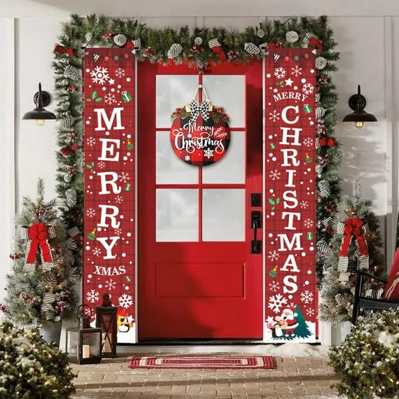 Uutvery 2 Pack Merry Christmas Hanging Banner,Christmas Couplet Door Curtain Banner,Christmas Decoration Outdoor Indoor Yard Front Porch,Hanging Reusable Xmas Door Covers for New Year Decor
