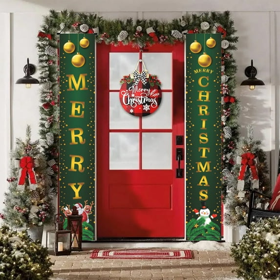 Uutvery 2 Pack Merry Christmas Hanging Banner,Christmas Couplet Door Curtain Banner,Christmas Decoration Outdoor Indoor Yard Front Porch,Hanging Reusable Xmas Door Covers for New Year Decor
