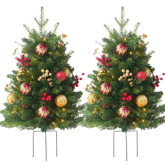 Uutvery 2 Pcs Mini Artificial Christmas Tree Set Outdoor Decor 16 Inch Height with 30 Warm White LEDs and Faux Berrys Metal Ground Stakes 8 Lighting Modes Christmas Porch Decor Fake Trees