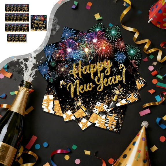 Uutvery 20 Pcs Black Gold New Year Tableware Set, 2026 Party Paper Plates Cups Napkins, Disposable Holiday Dinnerware, Festive Celebration Decor